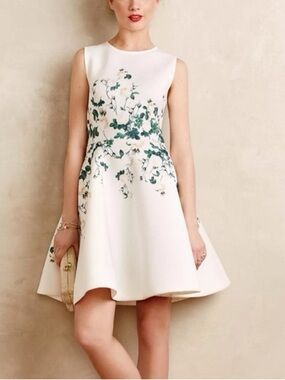 Anthropologie Erin Fetherstron Fit and Flare Ponte Knit Floral Dress Bridal 8